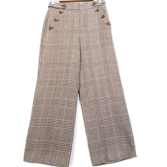 Veronica Beard Hunter Pant Linen Plaid Camel Blue Brown Preppy Wide Leg size 2 - Picture 3 of 6